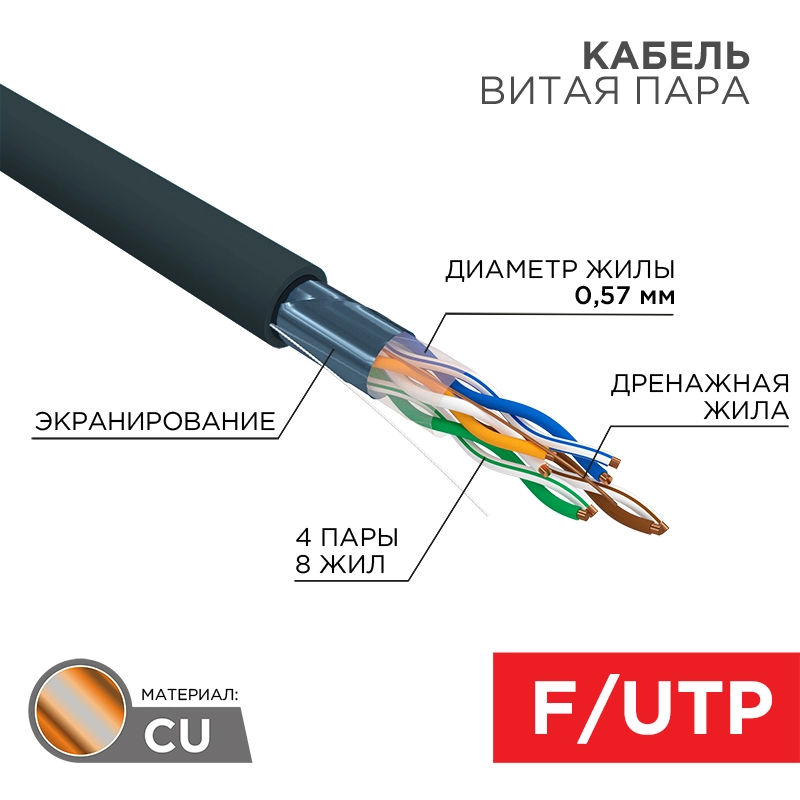    F/UTP, CAT 6, PE, 4PR, 23AWG, OUTDOOR, SOLID, , 305 REXANT